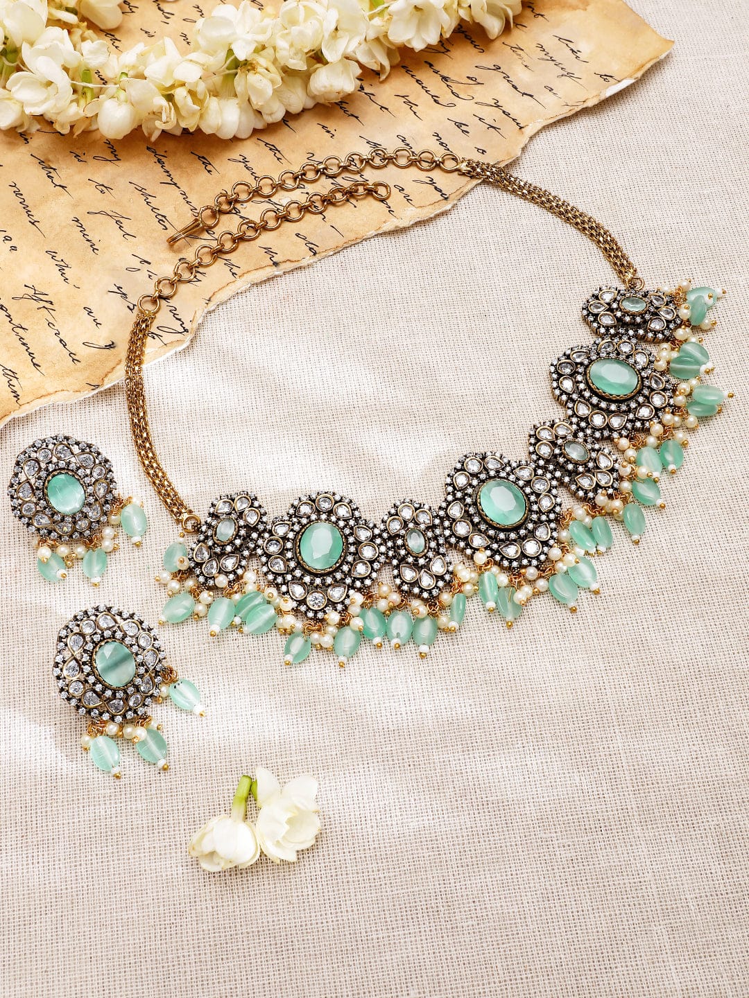 Mint Green American Diamond Zirconia Necklace Set