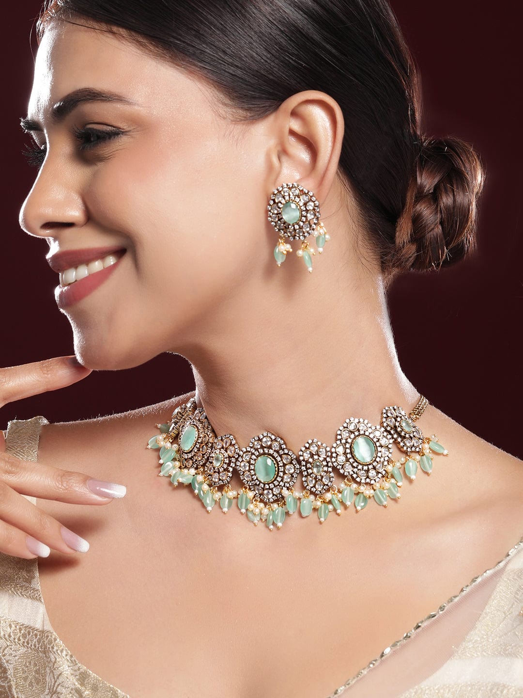 Mint Green American Diamond Zirconia Necklace Set