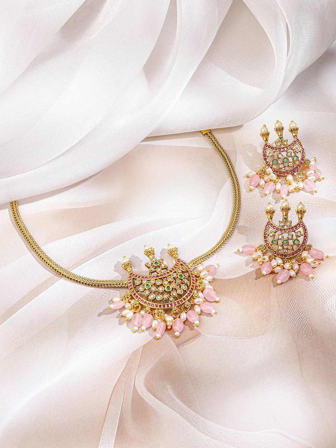 Multicolor Studded Pink Beads Necklace Set