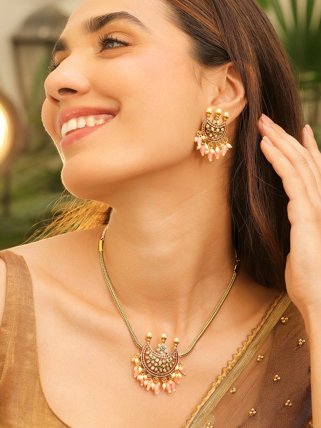Multicolor Studded Pink Beads Necklace Set