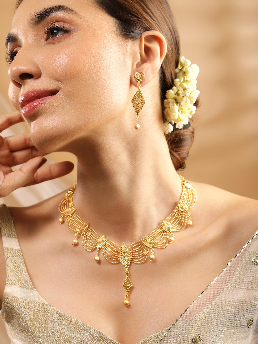 Wentra 22K Gold-Plated Multi-Strand Necklace Set with Leaf Motifs and Matching Drop Earrings for Womens & Girls