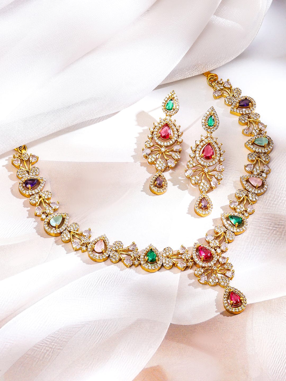 Multicolor Necklace Set With American Diamond Zirconia