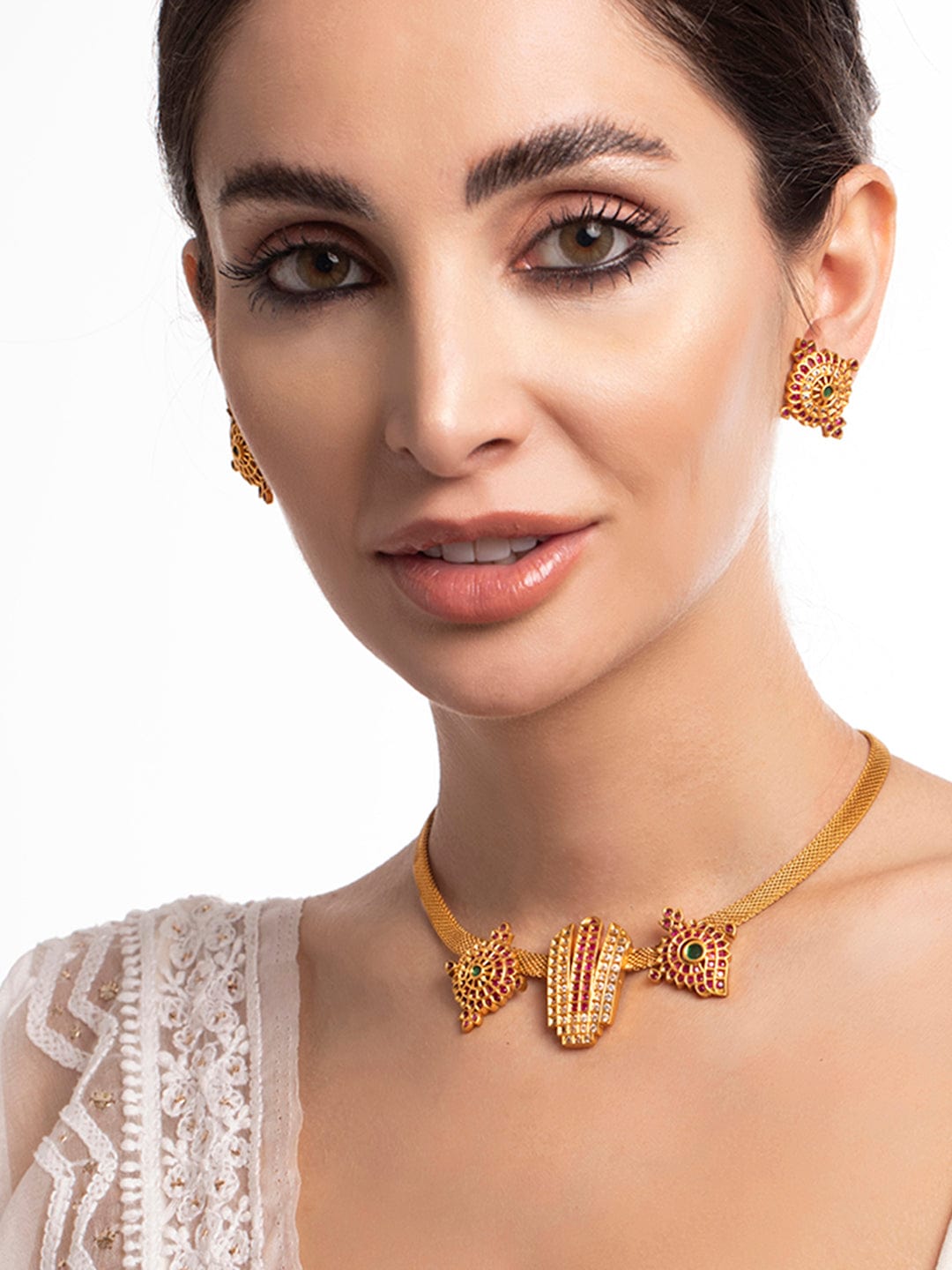 Wentra 22K Gold Plated Necklace Set With Studded AD Design
