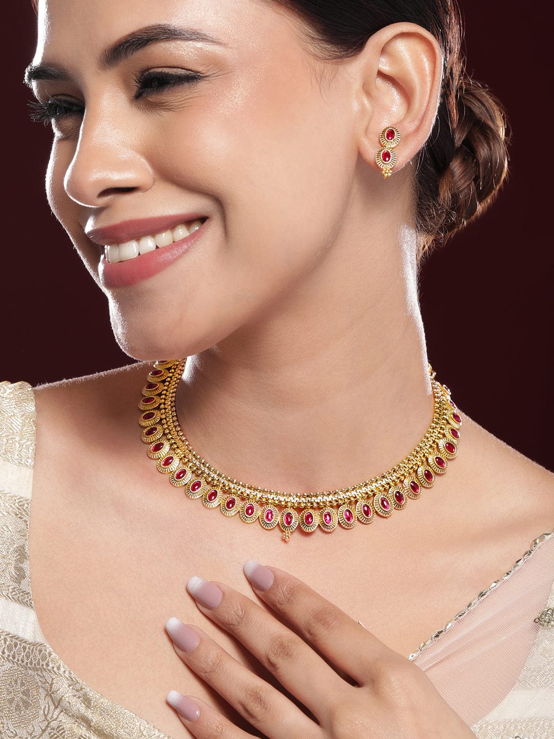 Ruby Pink Studded Golden Necklace Set