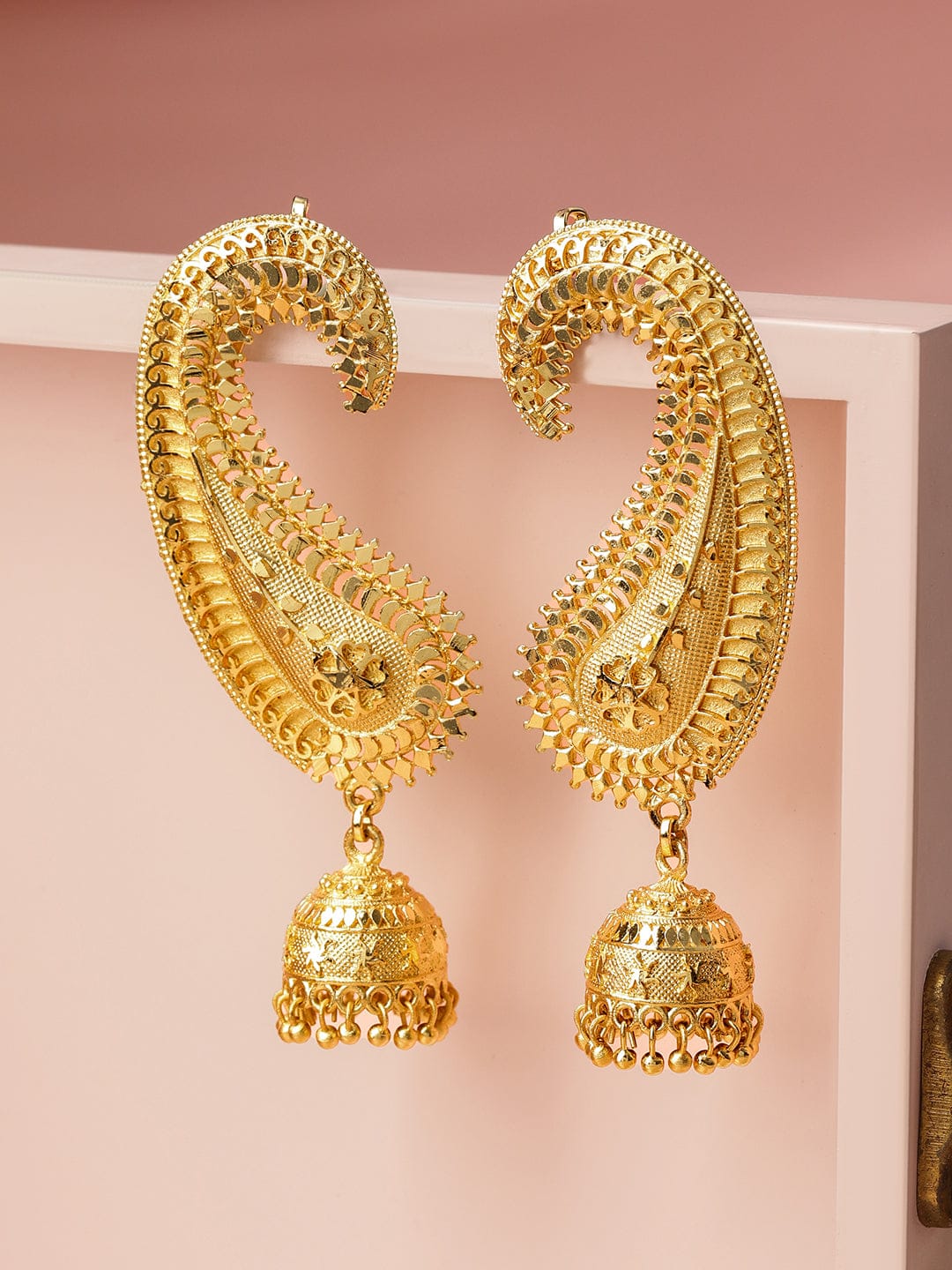 Golden Paisley Festive Ear-Cuff Jhumkas
