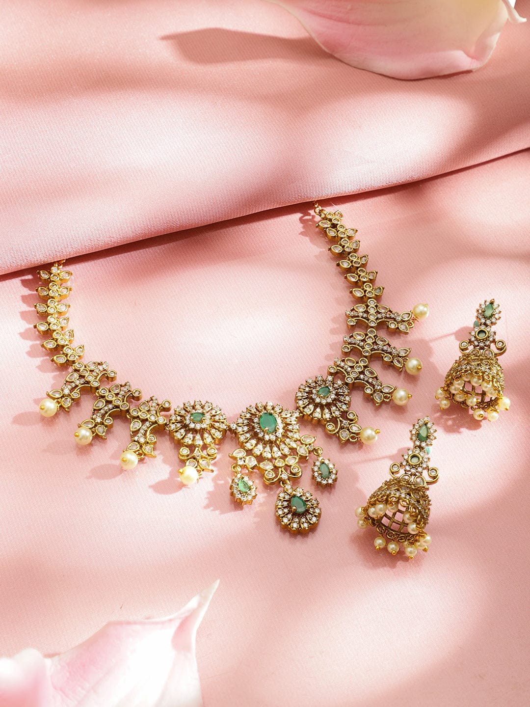 American Diamond Zirconia Floral Green Necklace Set