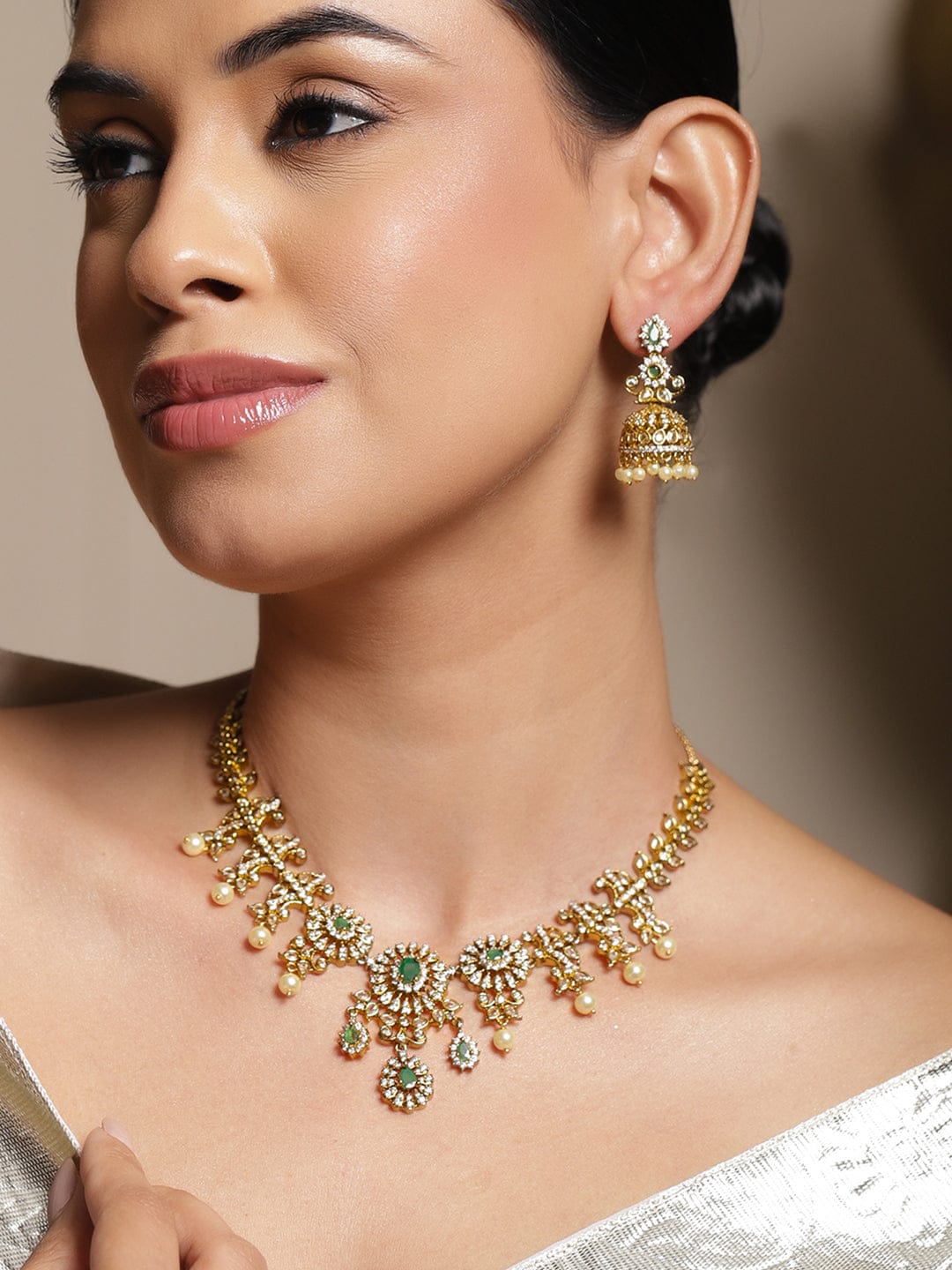 American Diamond Zirconia Floral Green Necklace Set