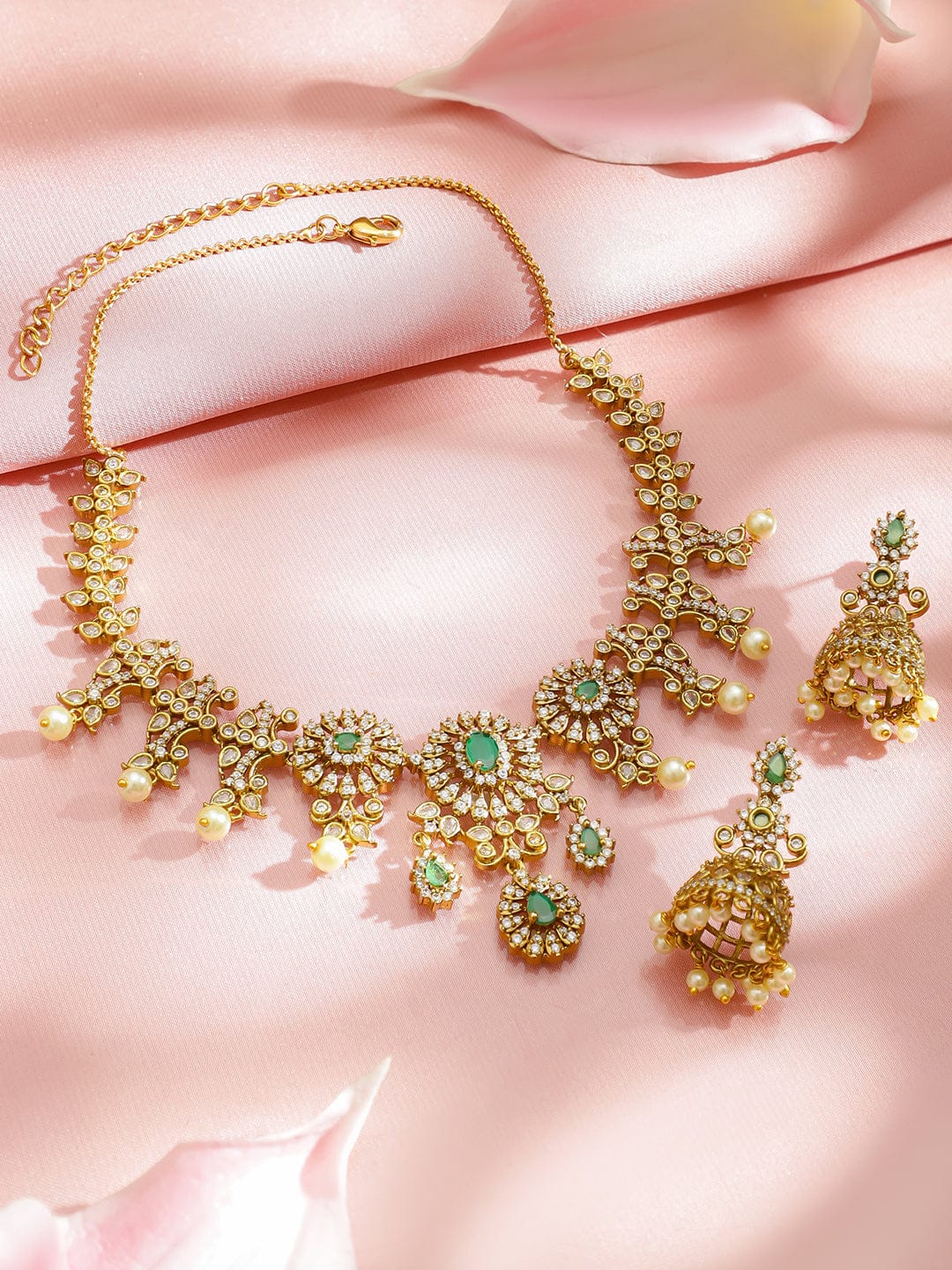 American Diamond Zirconia Floral Green Necklace Set
