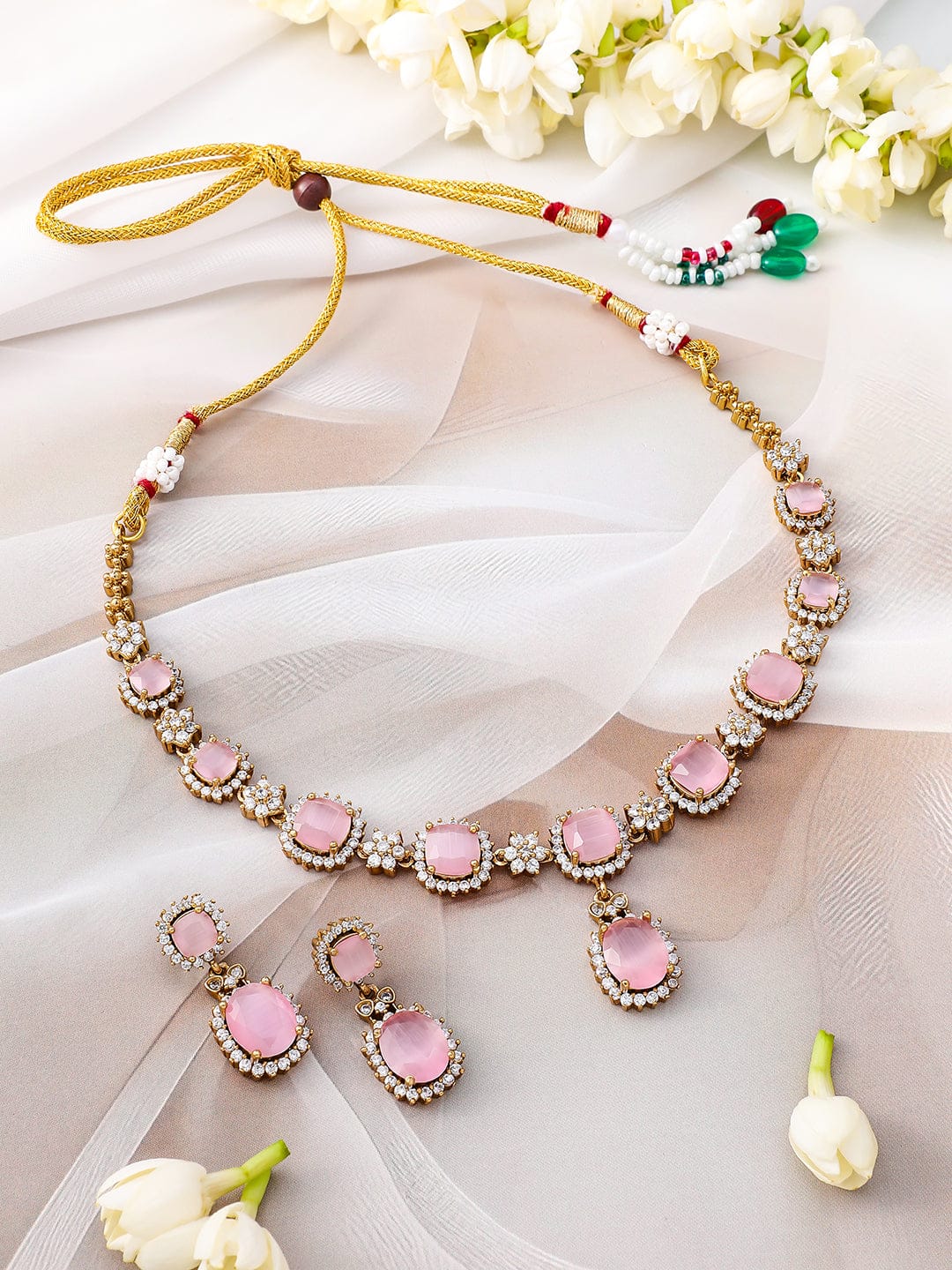 Pink Studded American Diamond Zirconia Necklace Set