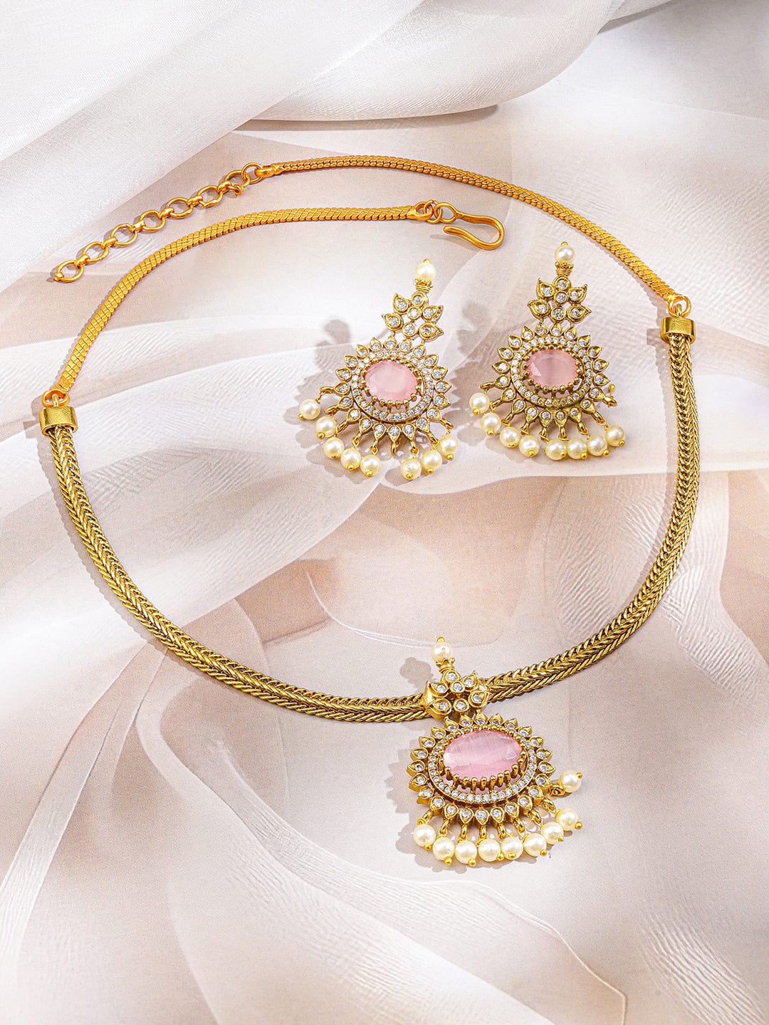 American Diamond Zirconia Pink Pearl Necklace Set