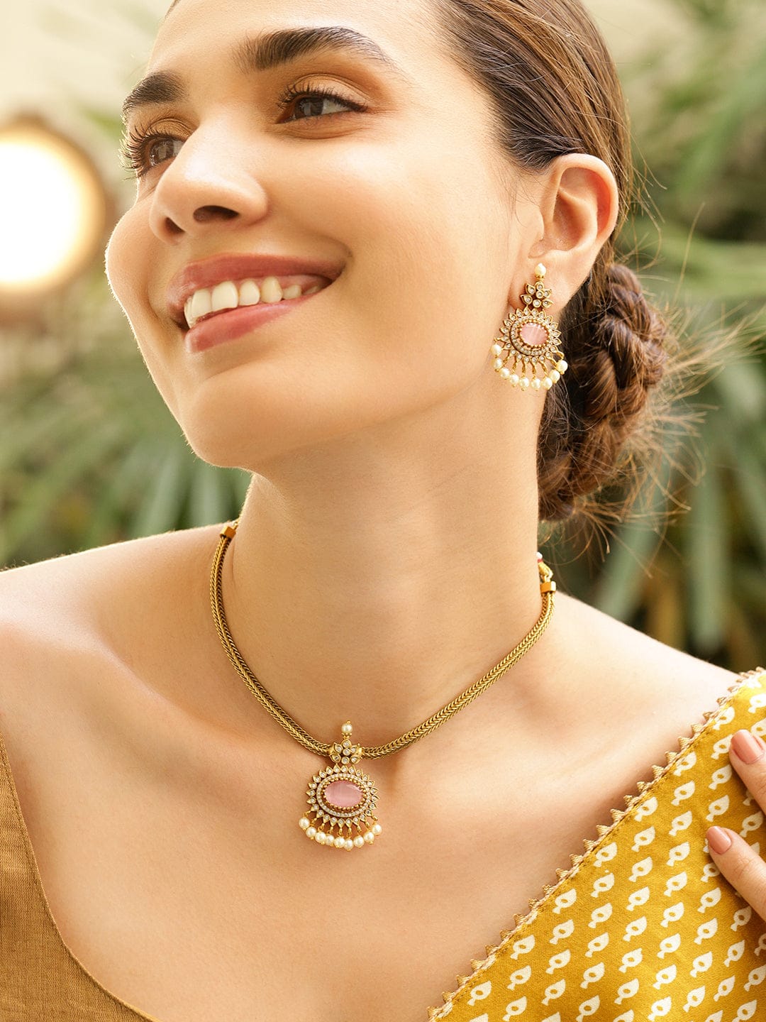 American Diamond Zirconia Pink Pearl Necklace Set