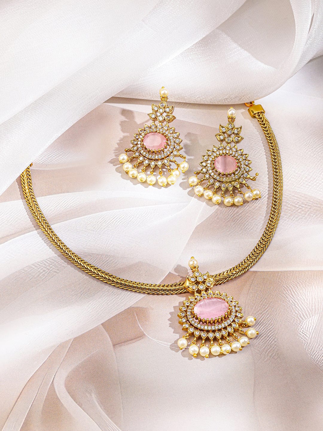American Diamond Zirconia Pink Pearl Necklace Set