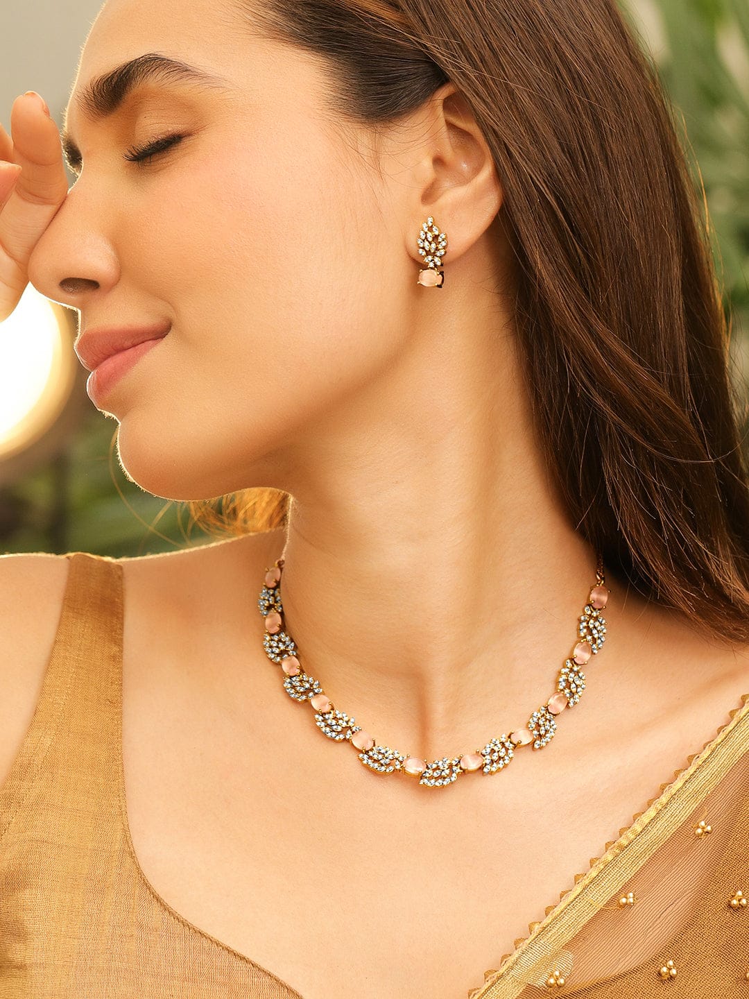 Pink American Diamond Zirconia Studded Necklace Set