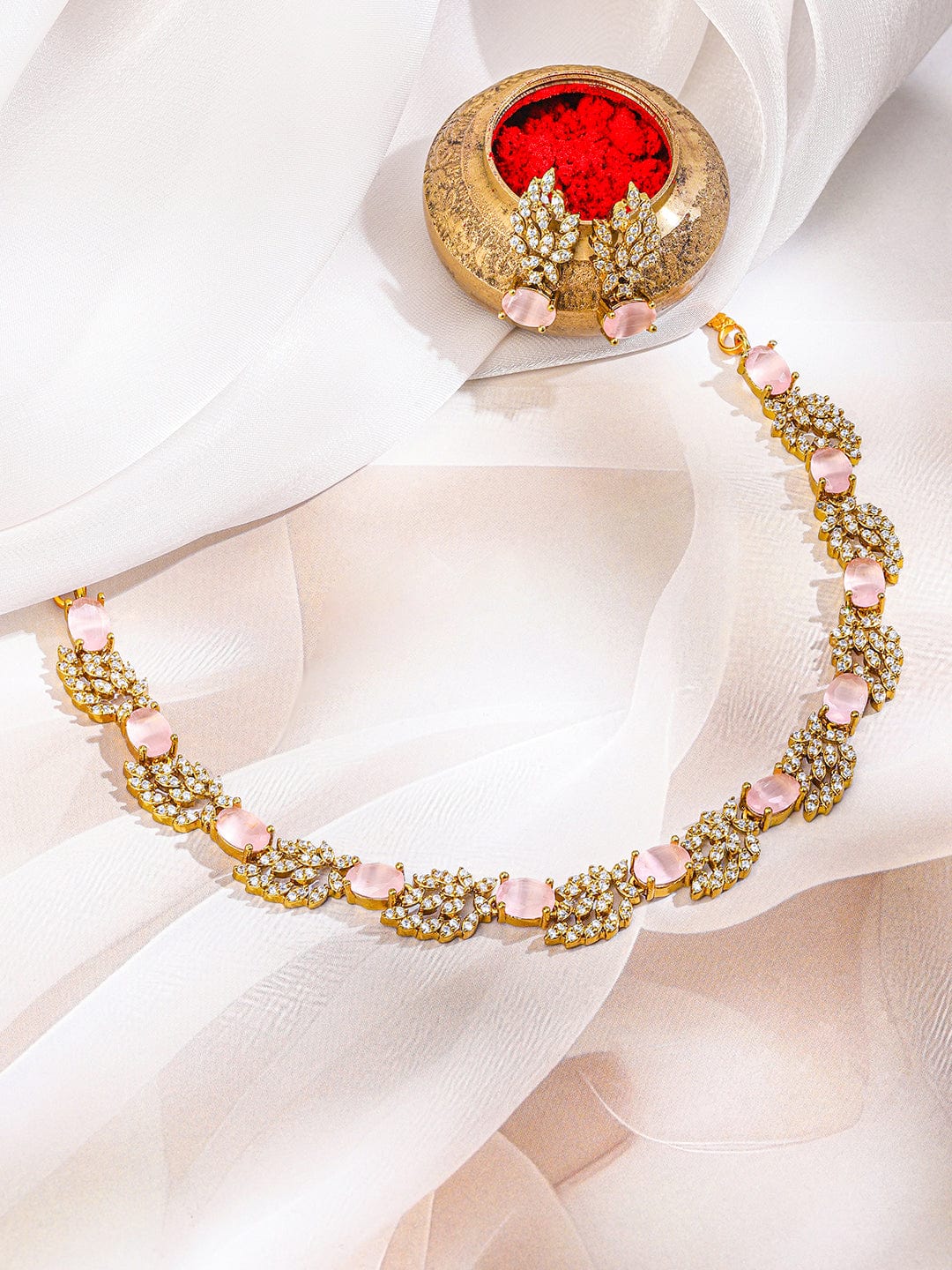 Pink American Diamond Zirconia Studded Necklace Set