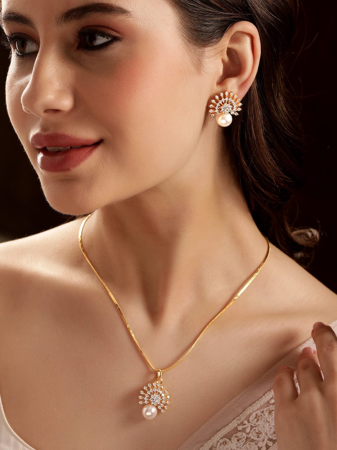Pearl Drop American Diamond Zirconia Necklace Set