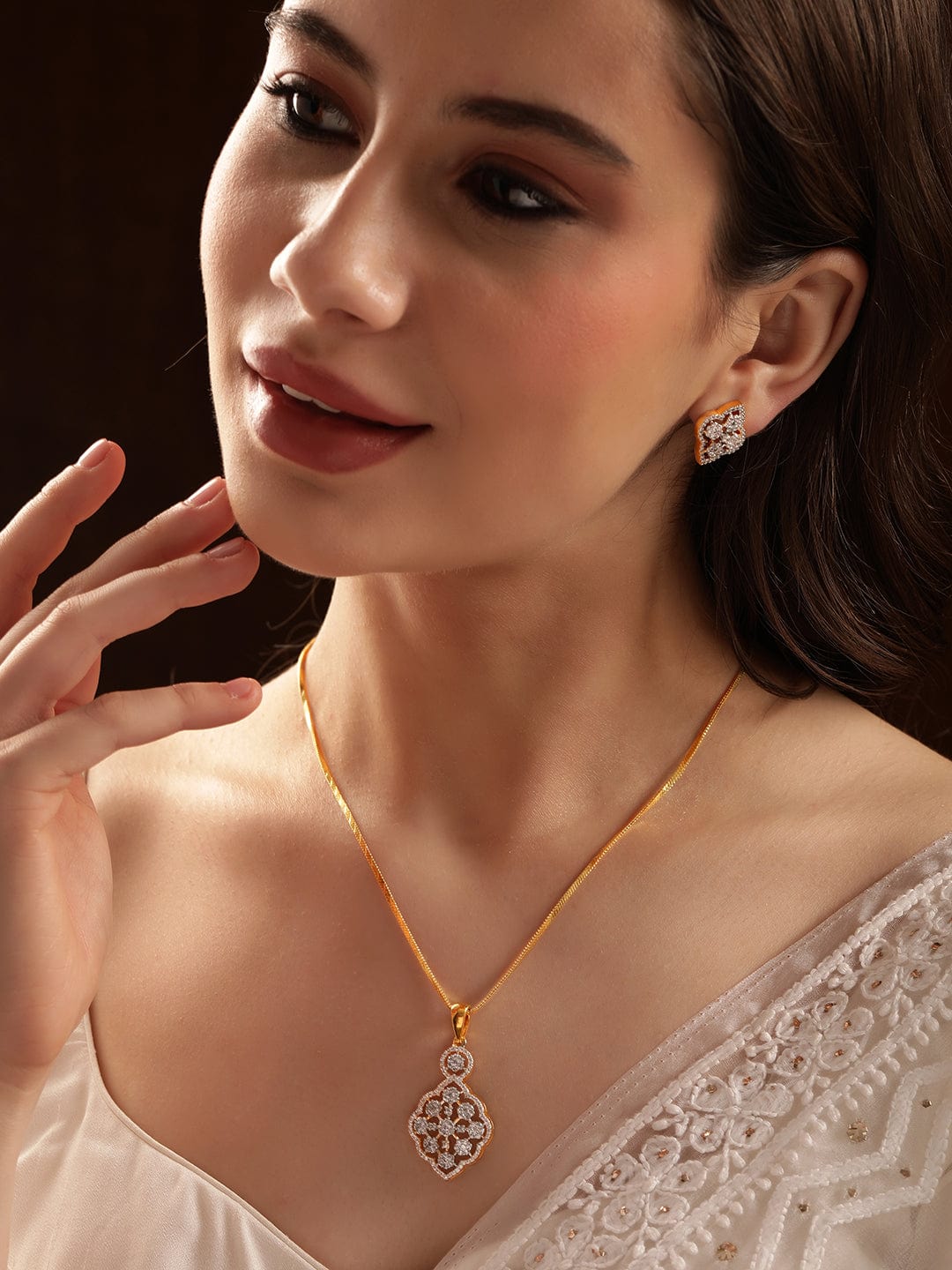 Gold Necklace Set in American Diamond Zirconia
