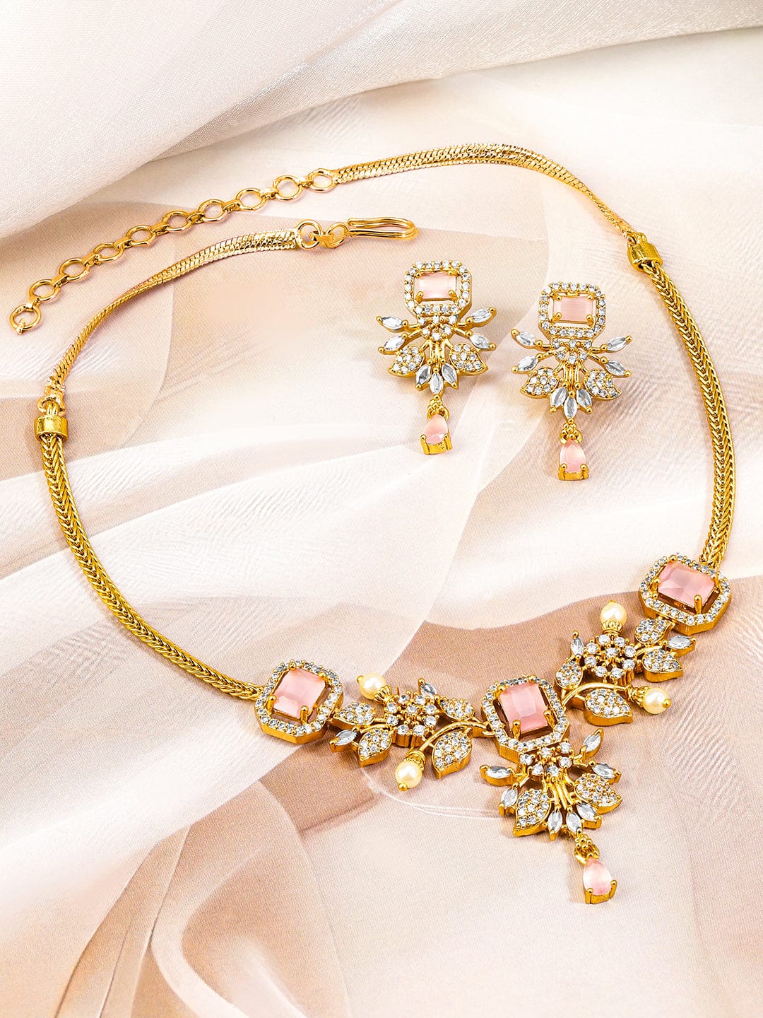 American Diamond Zirconia Pink Studded Floral Necklace Set