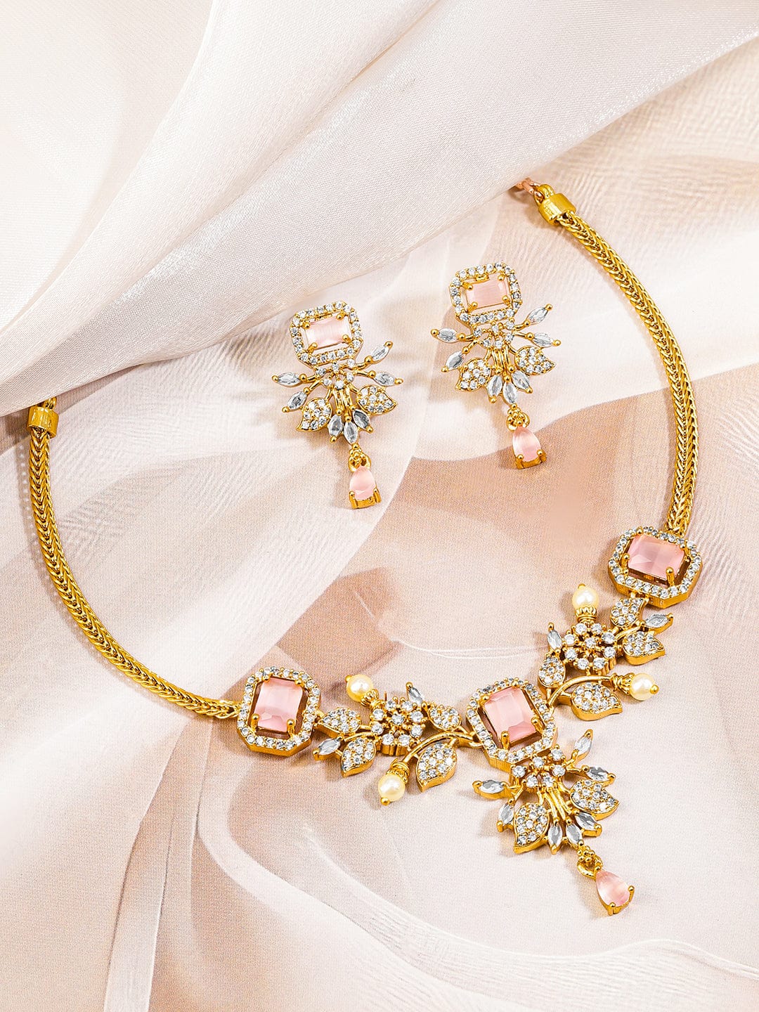 American Diamond Zirconia Pink Studded Floral Necklace Set