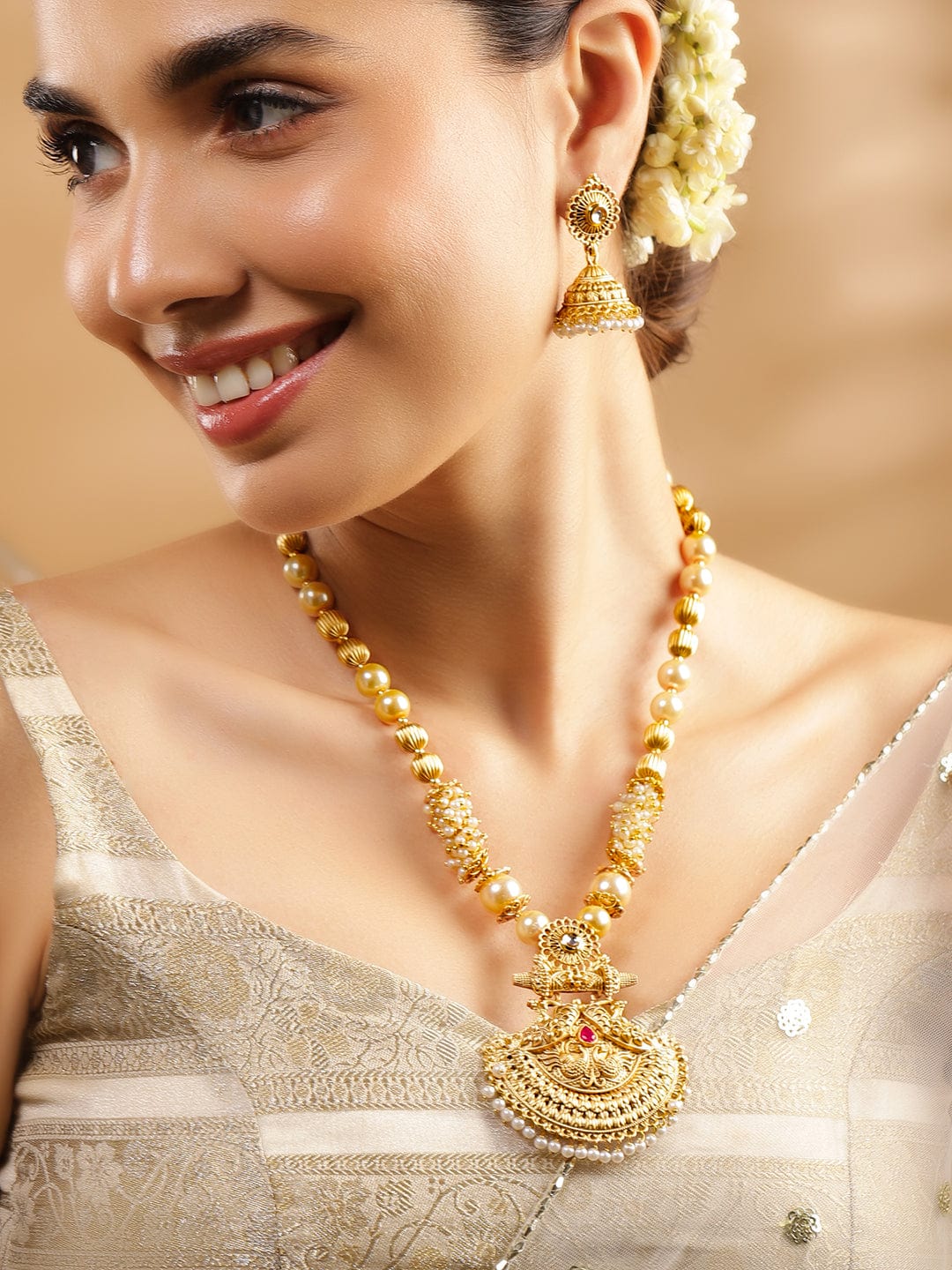 Wentra 22K Gold-Plated Pendant Jewellery Set with Golden & Pearl Beads and Ruby Red Stone
