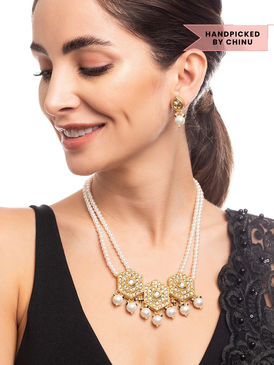 Wentra 22K Gold Plated Pendant Kundan Necklace Set With Pearls