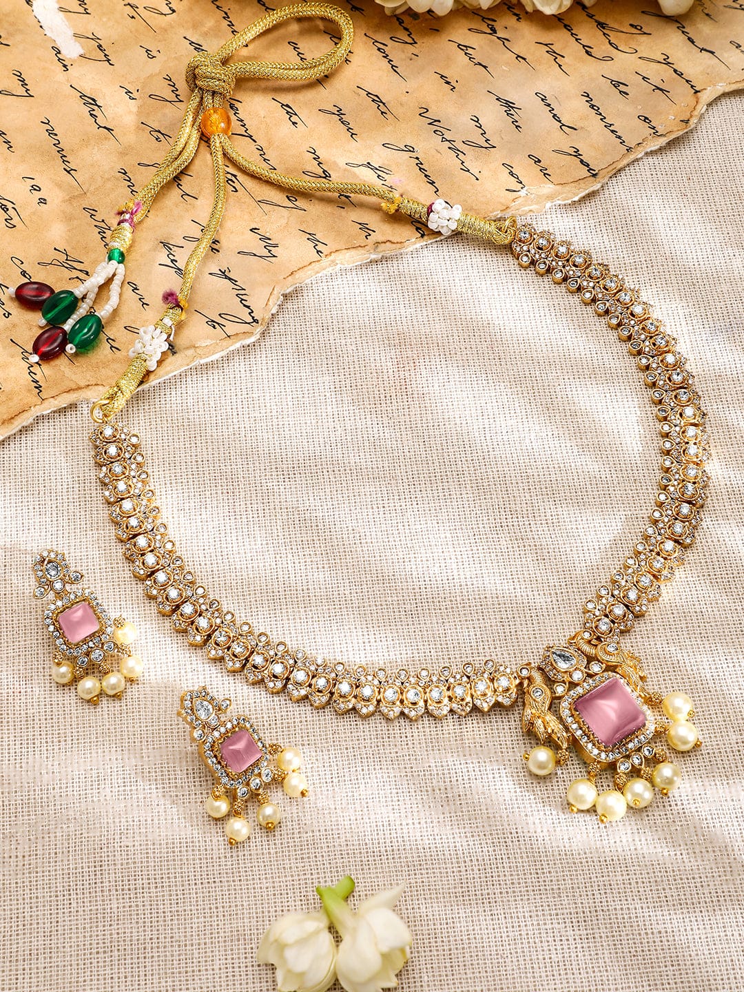 American Diamond Zirconia Pink Accented Necklace Set