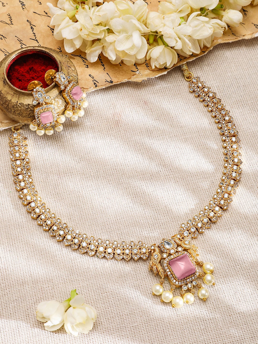 American Diamond Zirconia Pink Accented Necklace Set