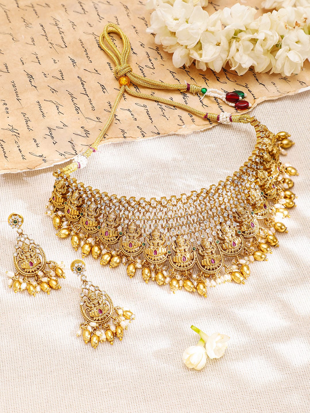 Laxmi Motif Choker Set with American Diamond Zirconia