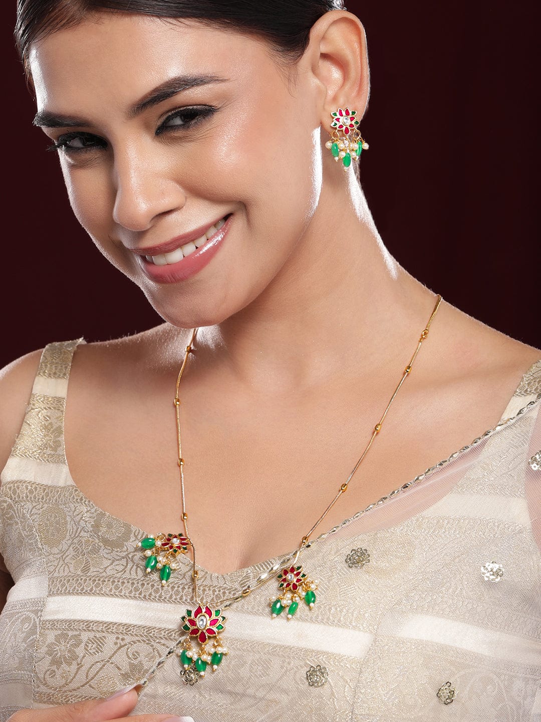 Red Floral Green Beaded Necklace Set