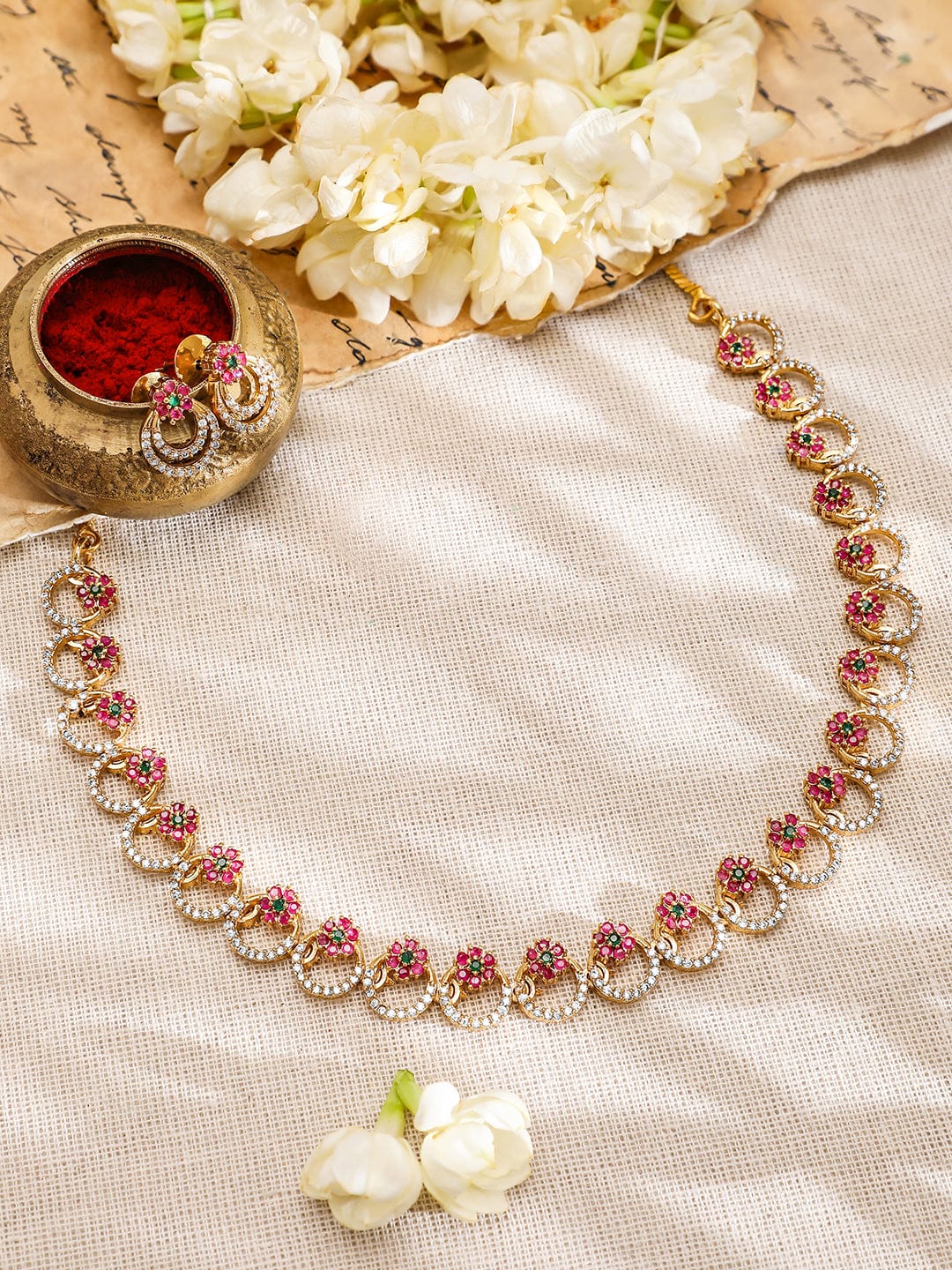 American Diamond Zirconia Pink Circle Necklace Set