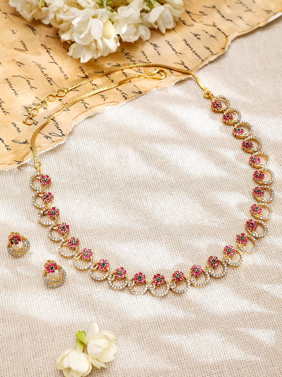 American Diamond Zirconia Pink Circle Necklace Set