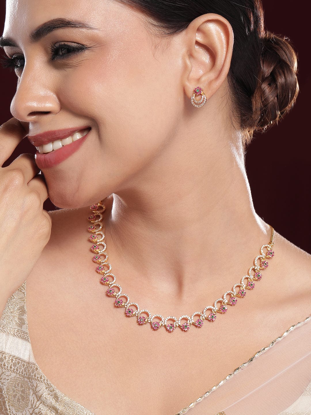 American Diamond Zirconia Pink Circle Necklace Set