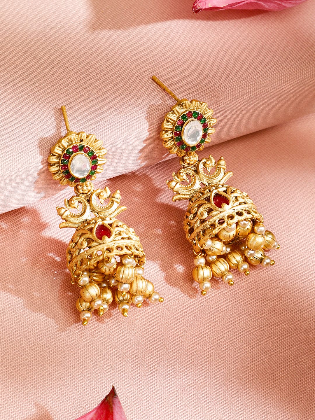 Red & Green Studded Gold Beads Necklace Set