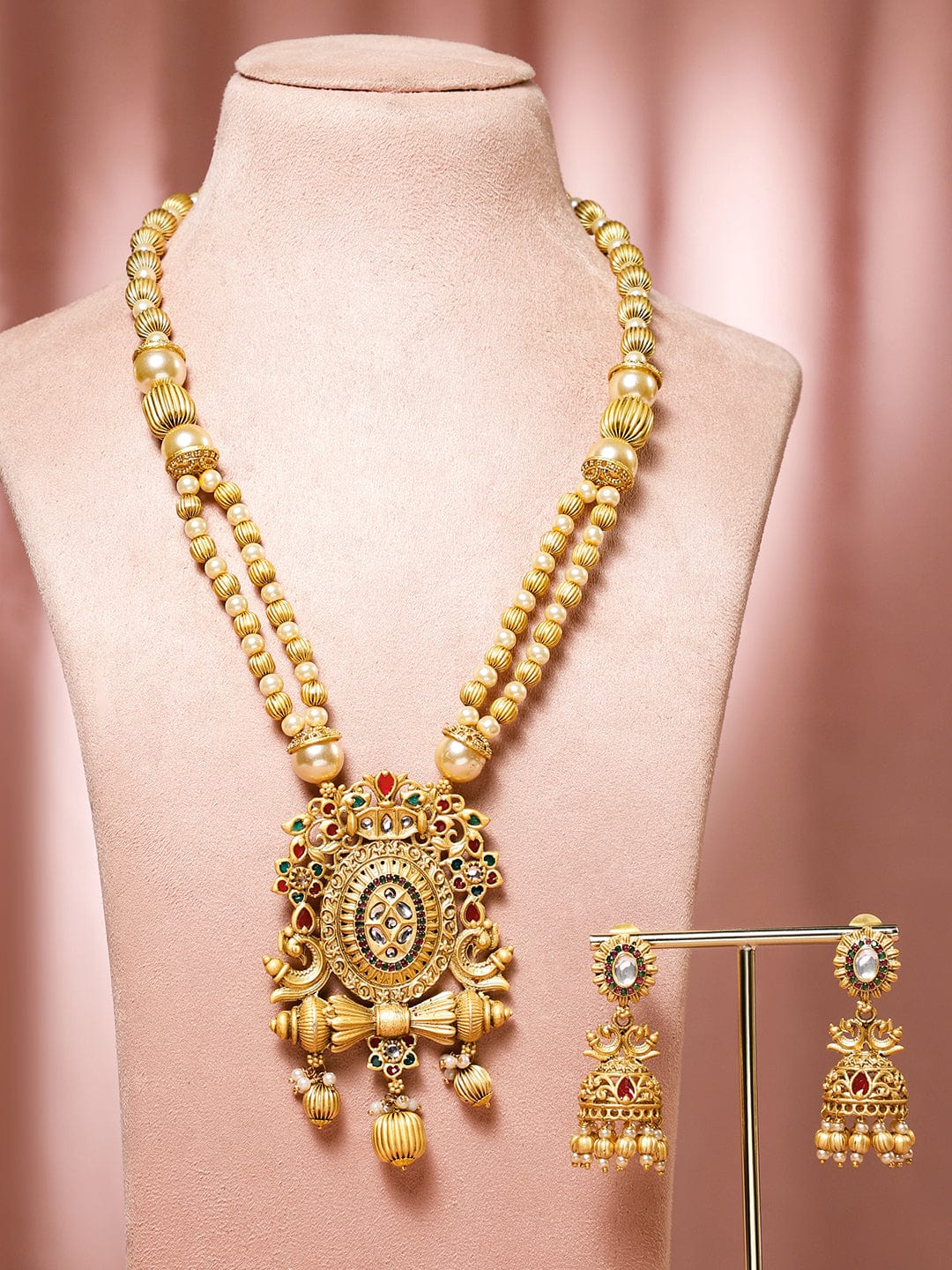 Red & Green Studded Gold Beads Necklace Set