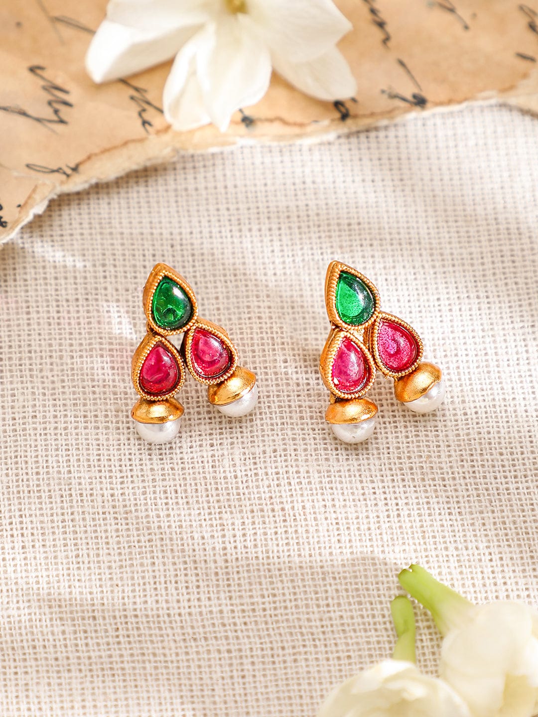 Pink & Green Pearl Embellished Necklace Set