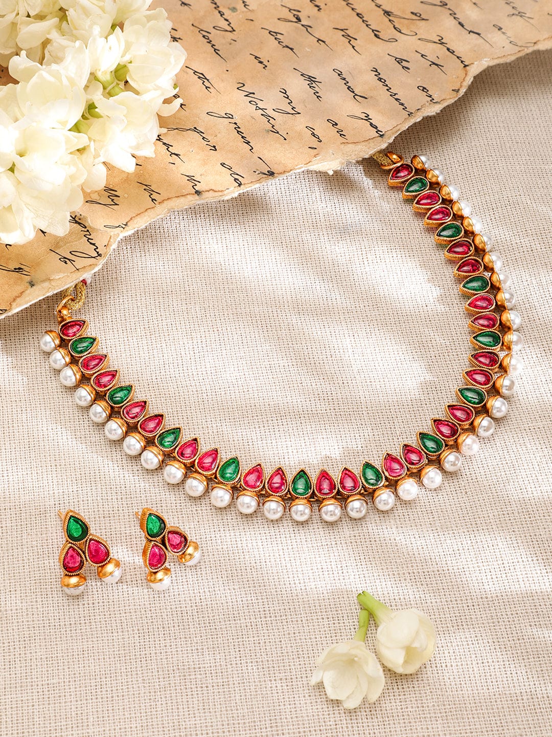 Pink & Green Pearl Embellished Necklace Set