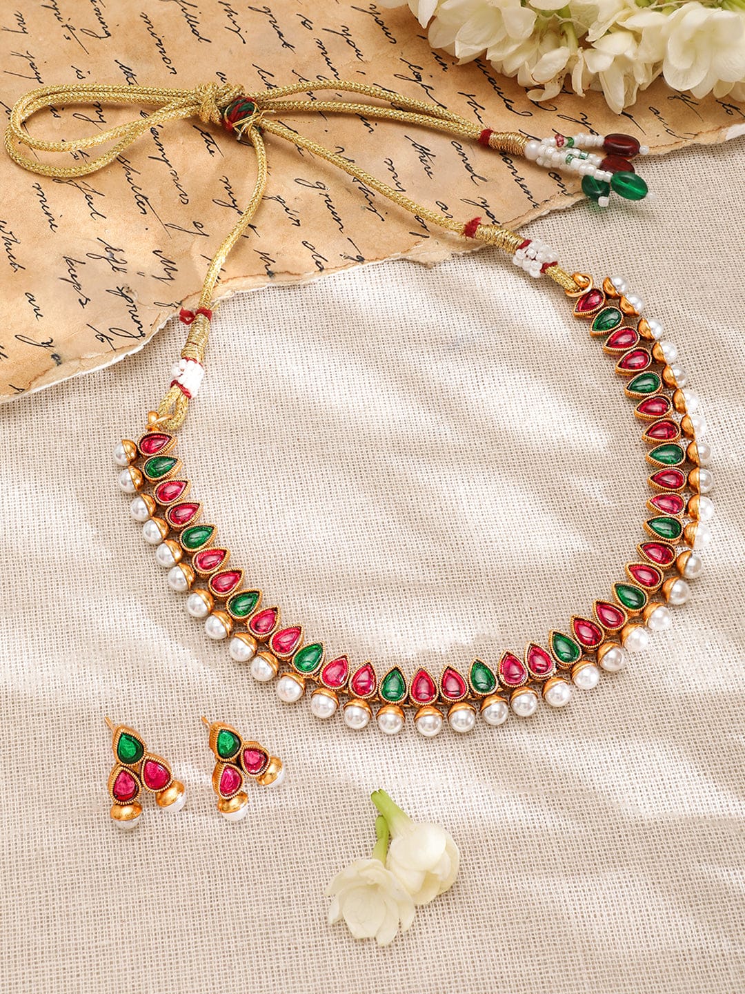 Pink & Green Pearl Embellished Necklace Set