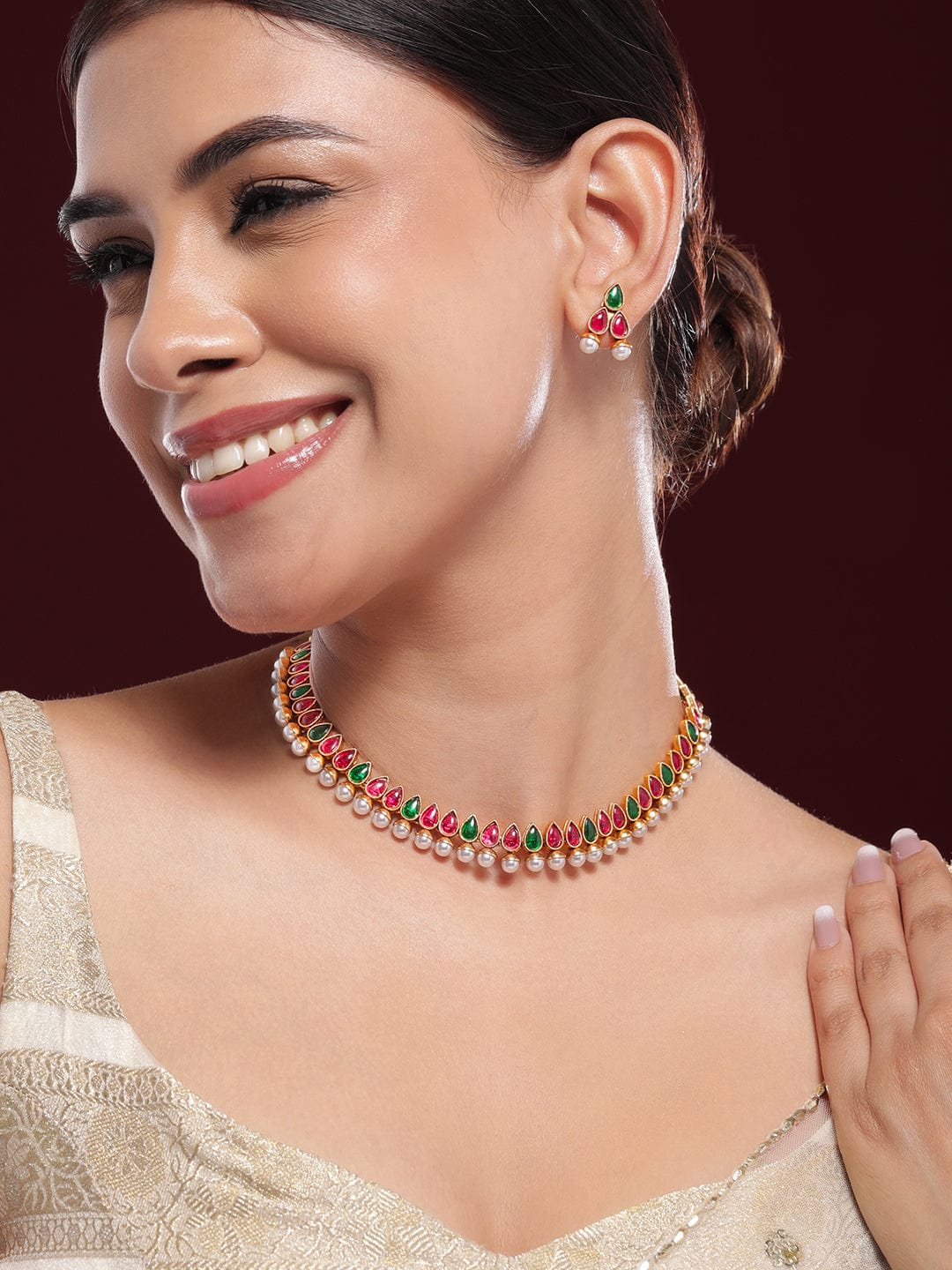 Pink & Green Pearl Embellished Necklace Set