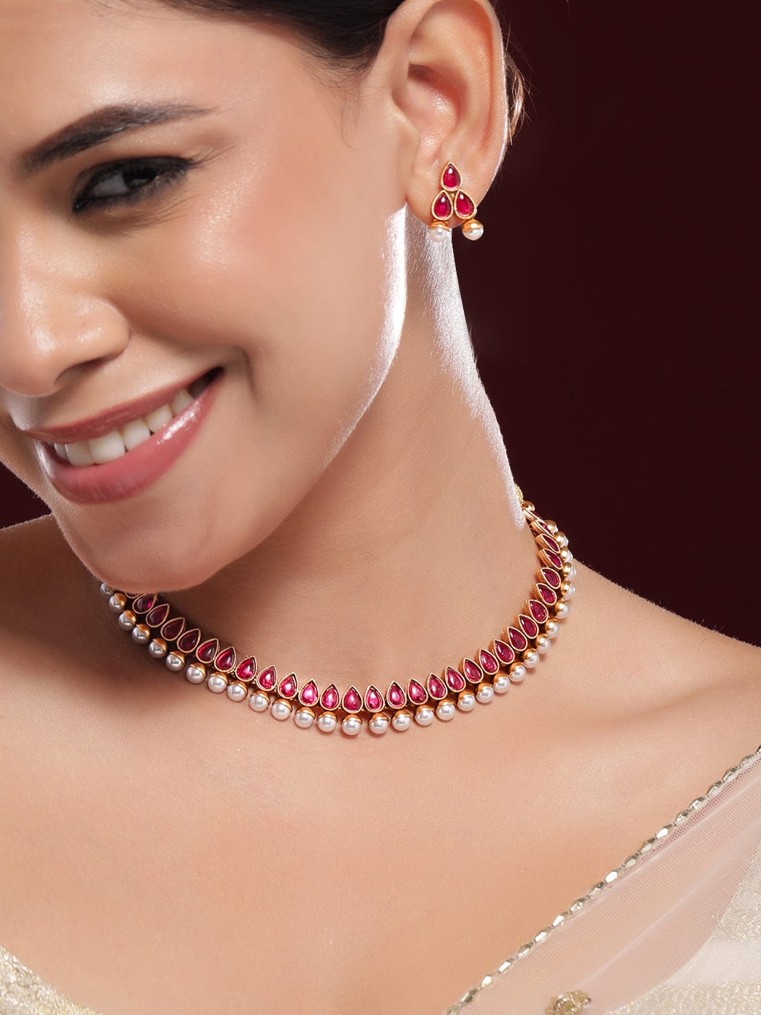 Ruby Studded Pearl Drop Necklace Set