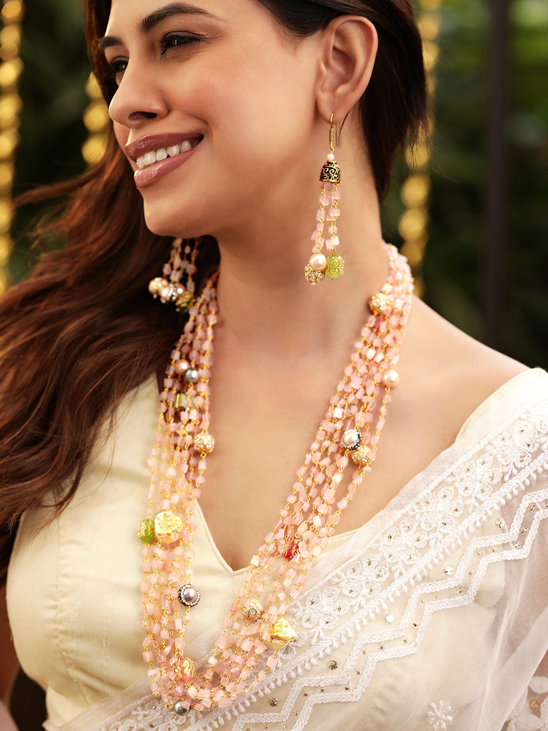 Multi-Layer Pink Beaded Charm Mala Set