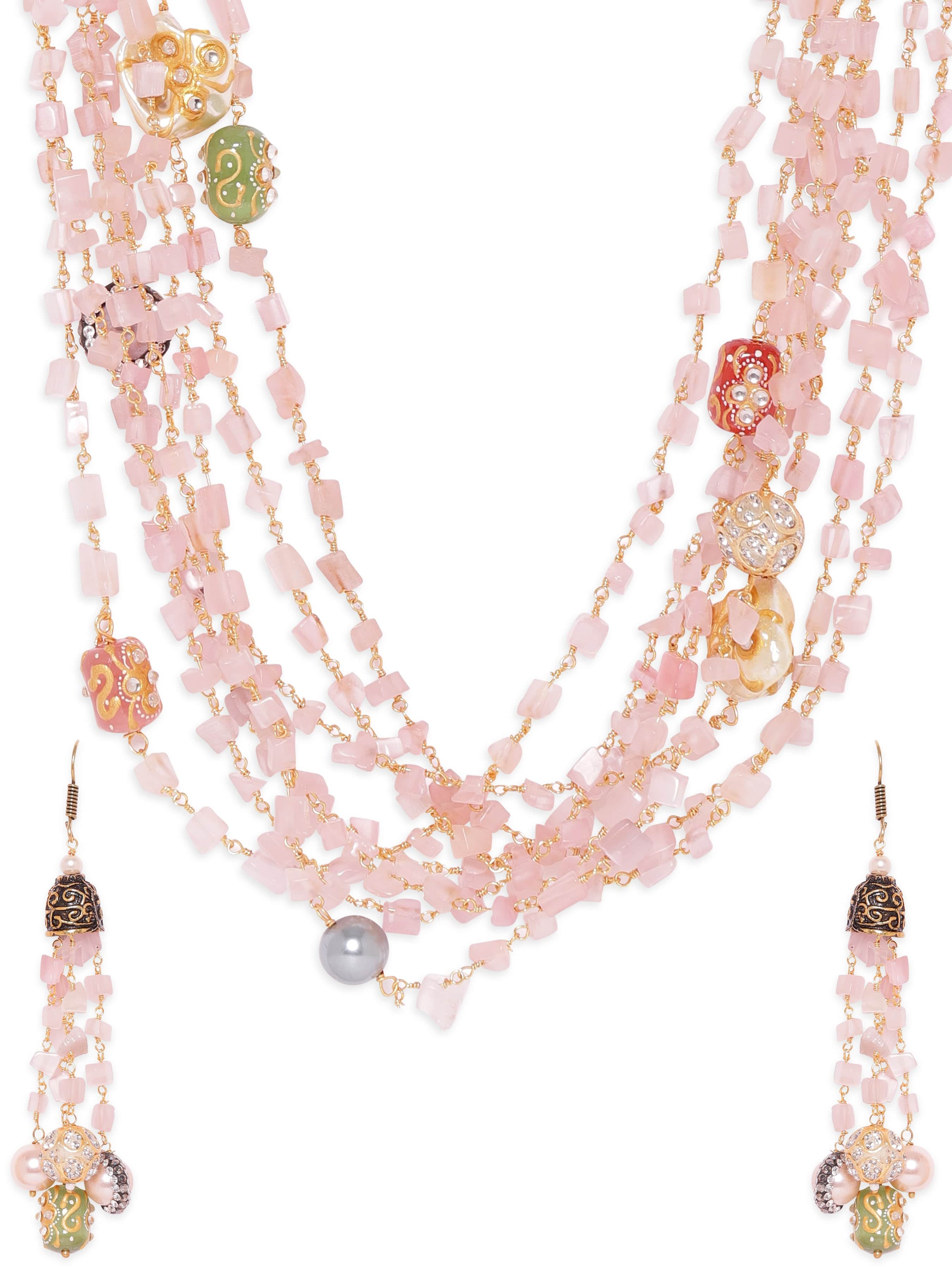 Multi-Layer Pink Beaded Charm Mala Set