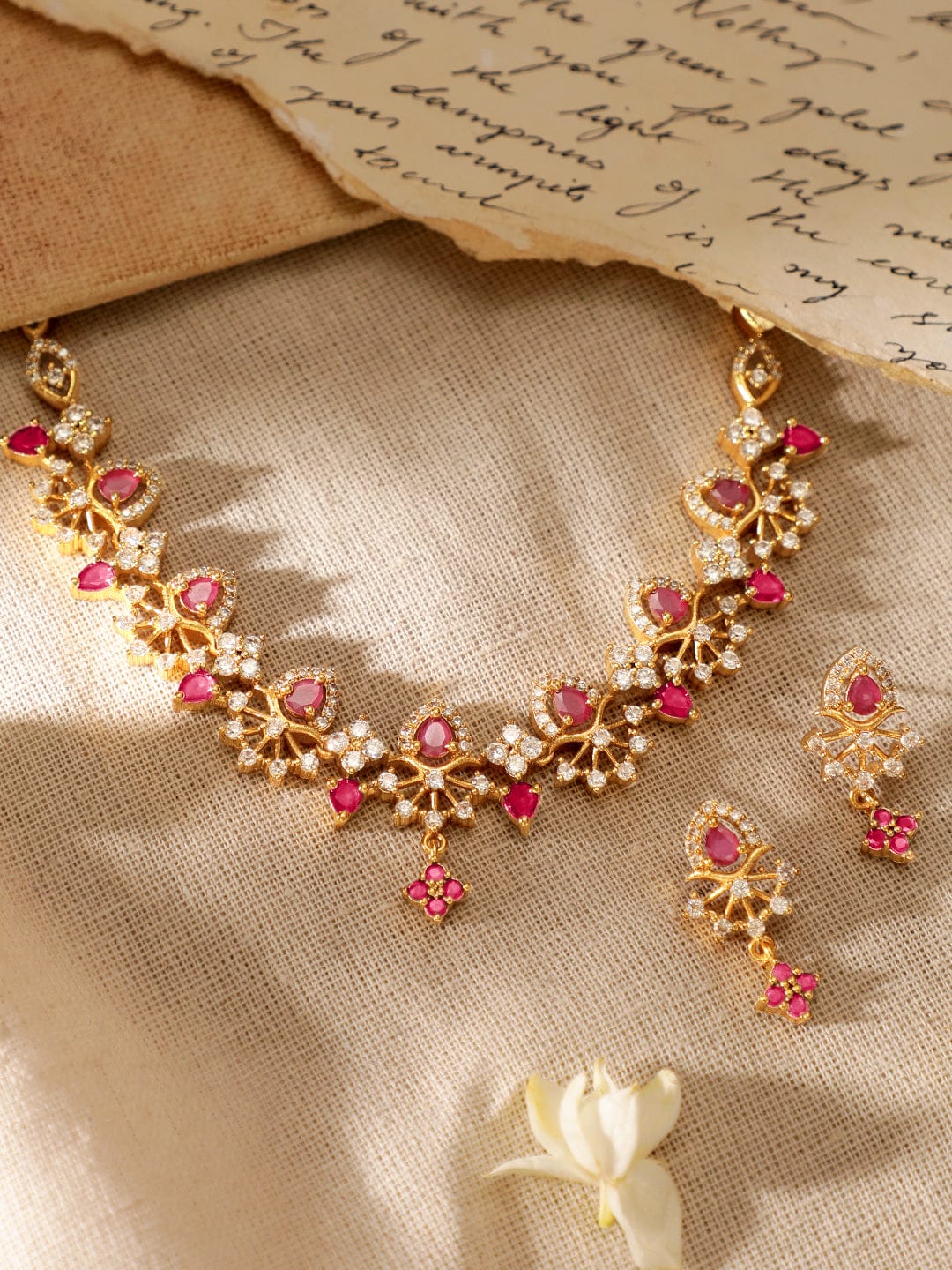 American Diamond Zirconia Ruby Studded Necklace Set
