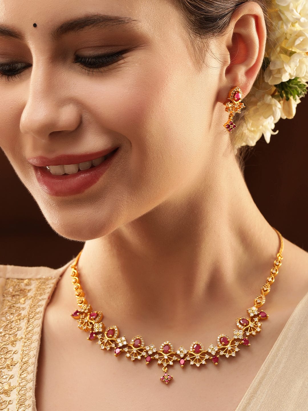 American Diamond Zirconia Ruby Studded Necklace Set