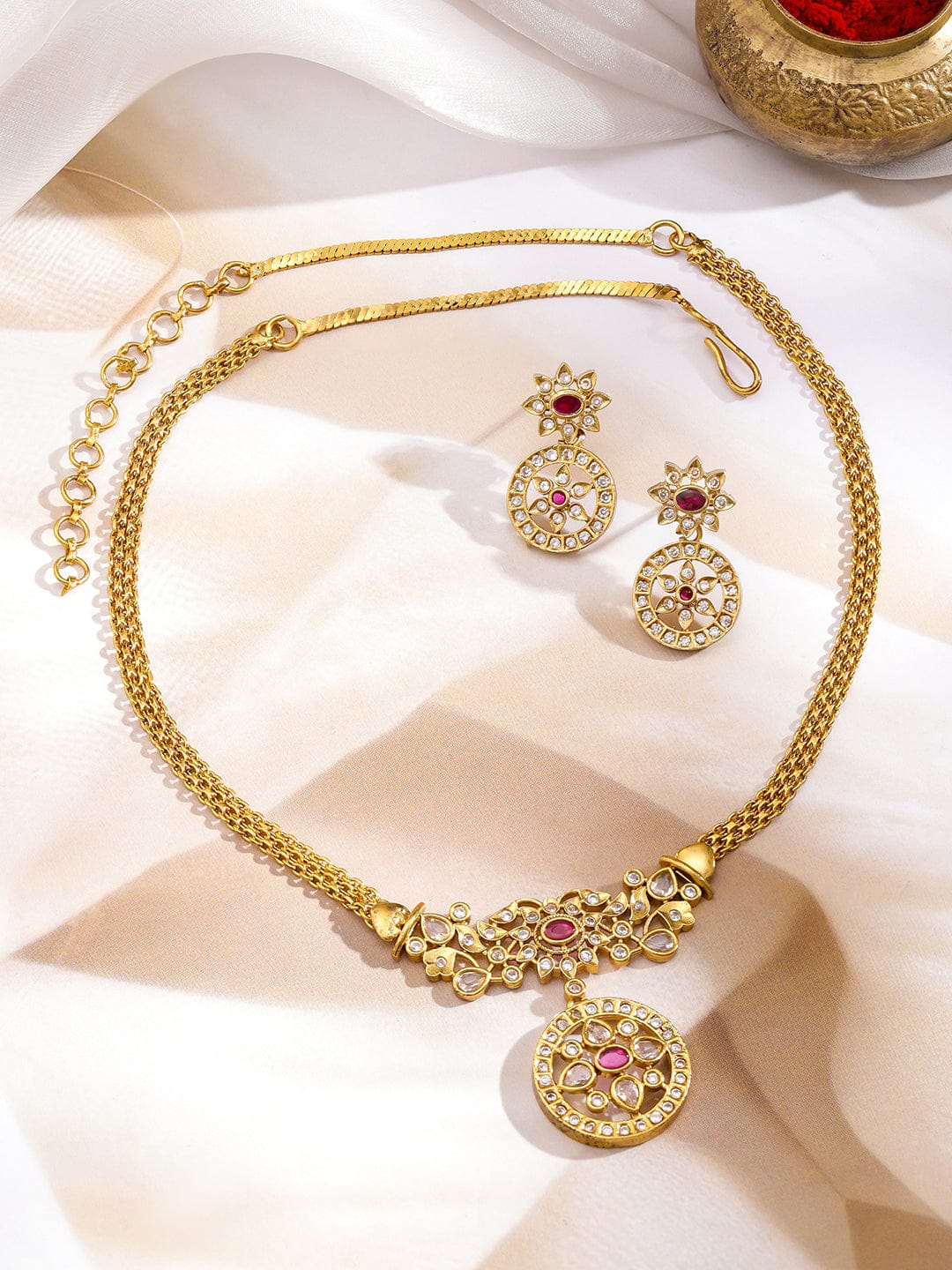 Pink & White Studded Kundan Gold Necklace Set