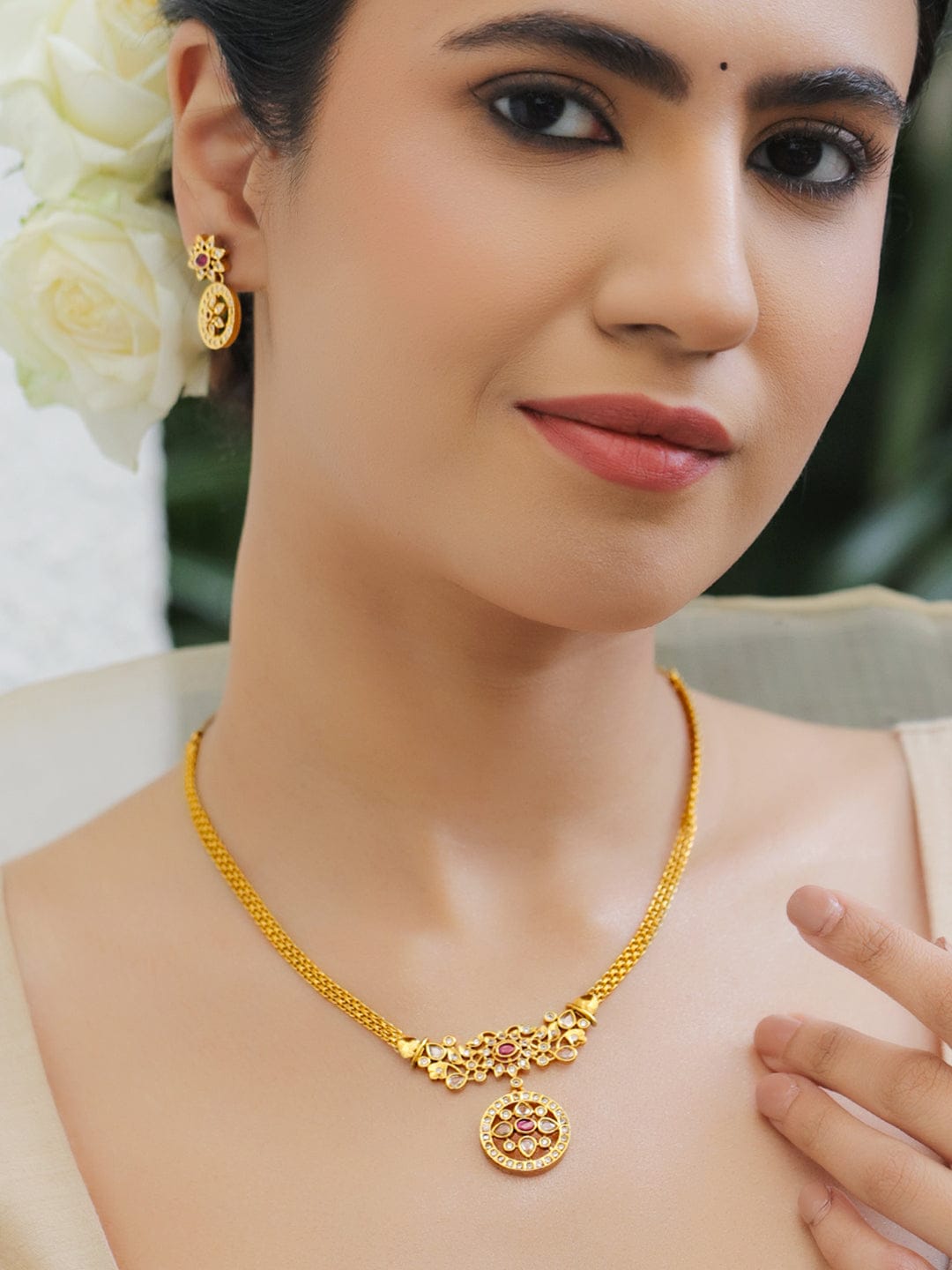 Pink & White Studded Kundan Gold Necklace Set