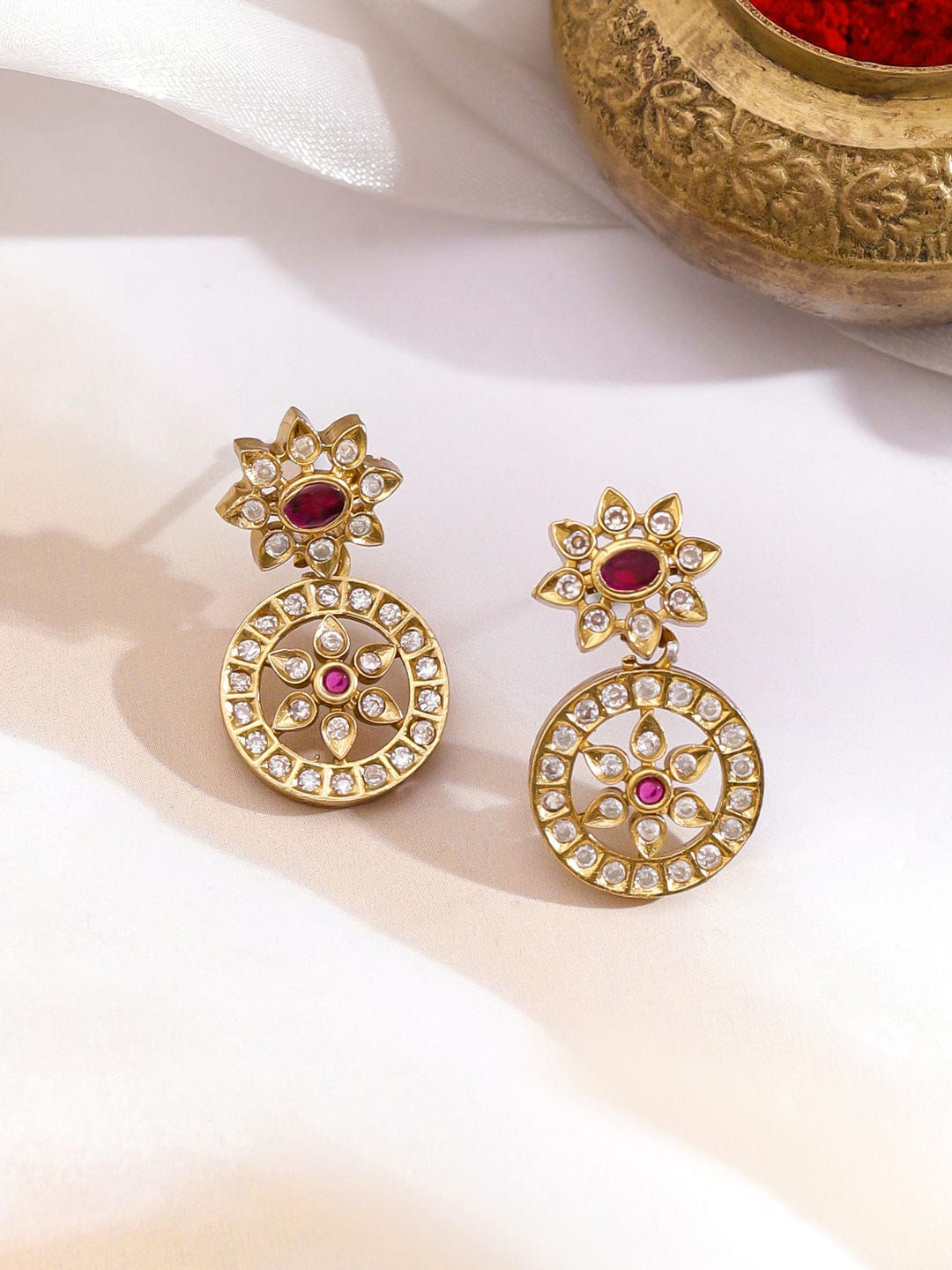 Pink & White Studded Kundan Gold Necklace Set