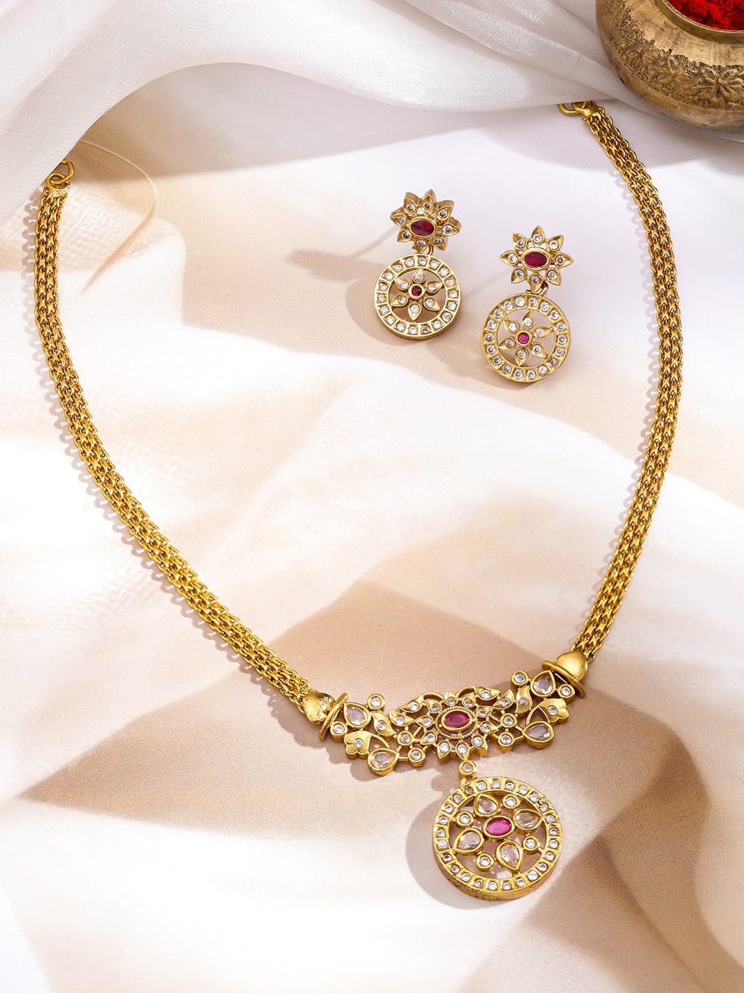 Pink & White Studded Kundan Gold Necklace Set
