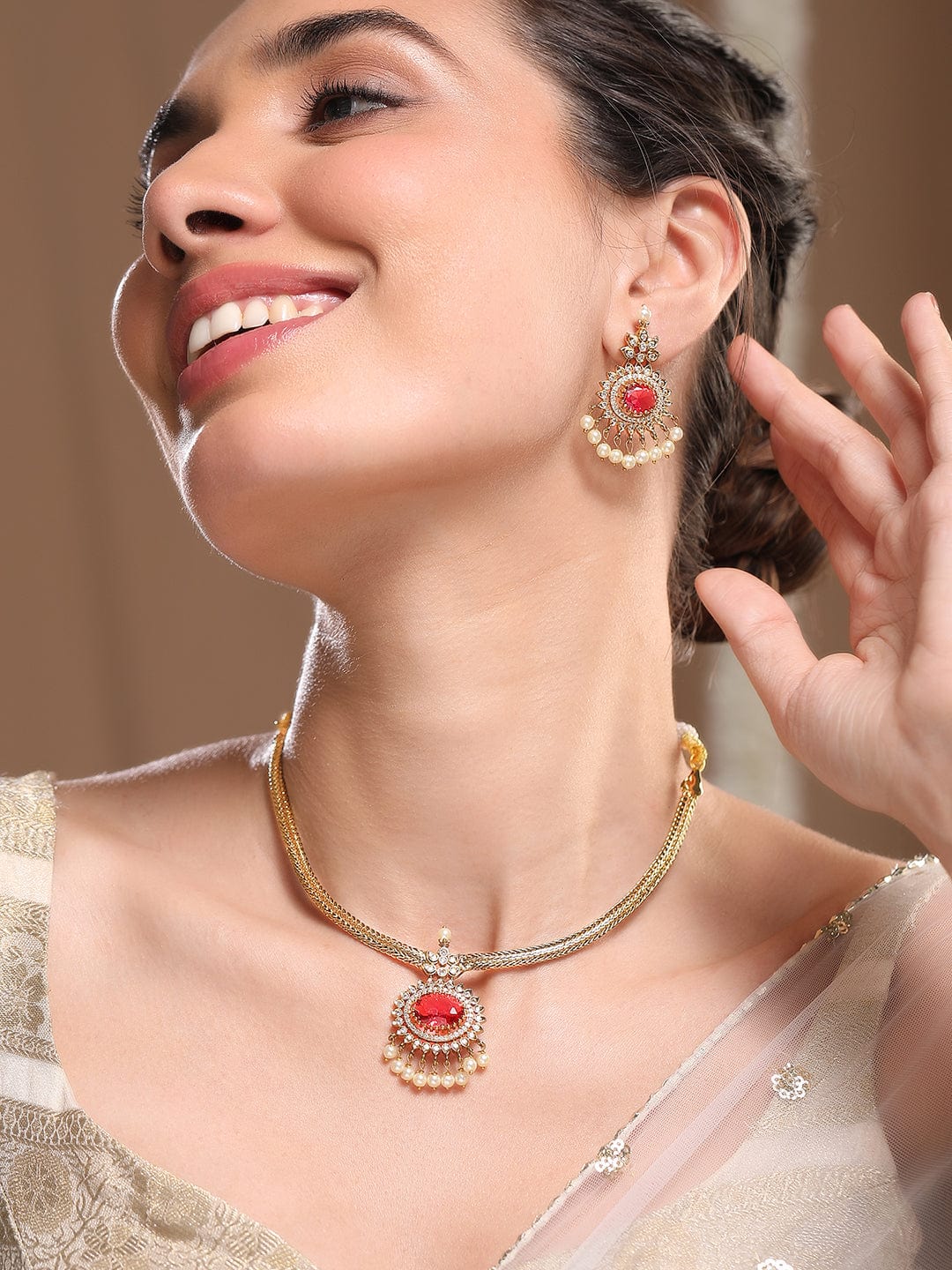 American Diamond Zirconia Ruby pearl Necklace Set