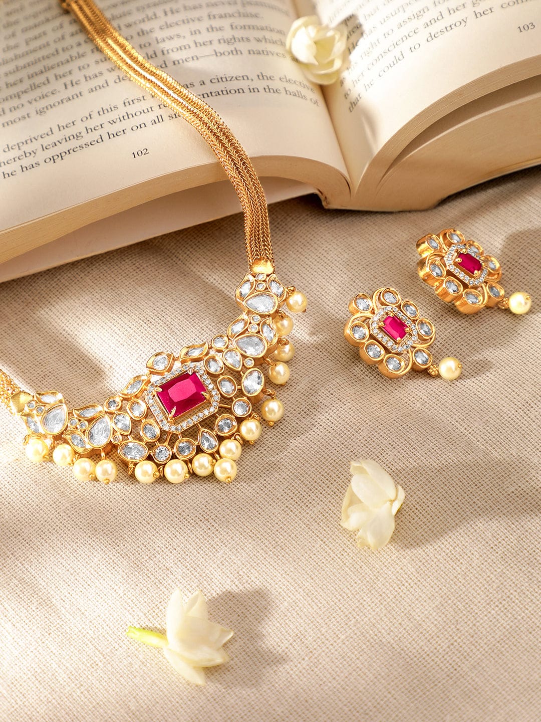 Pink Studded Pearl Drop Gold Necklace Set