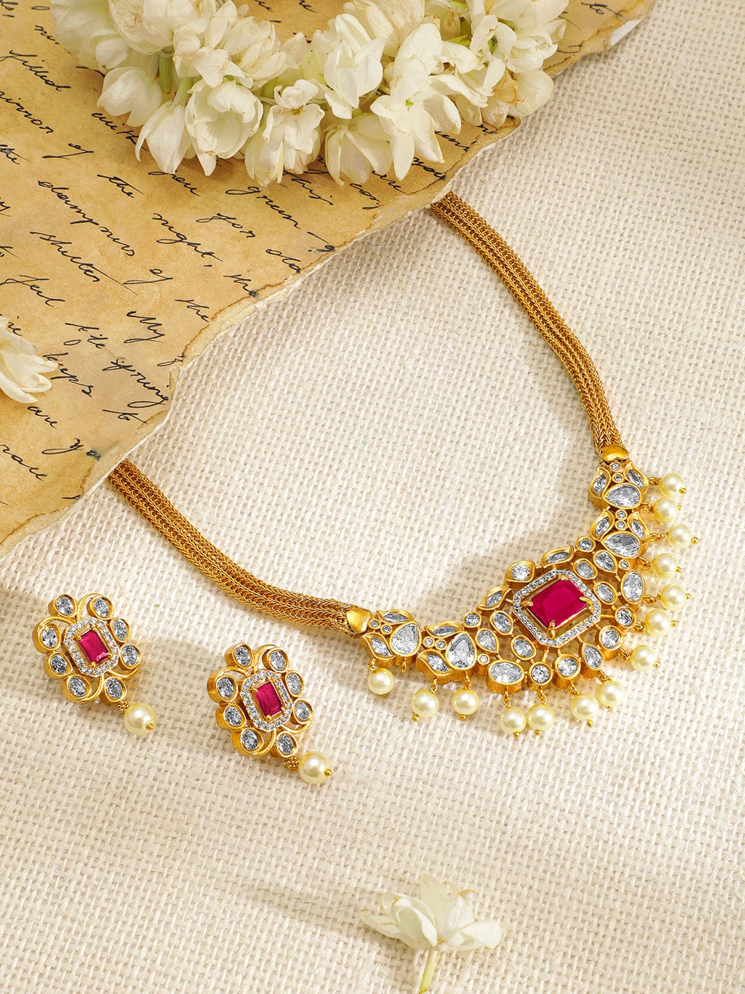 Pink Studded Pearl Drop Gold Necklace Set