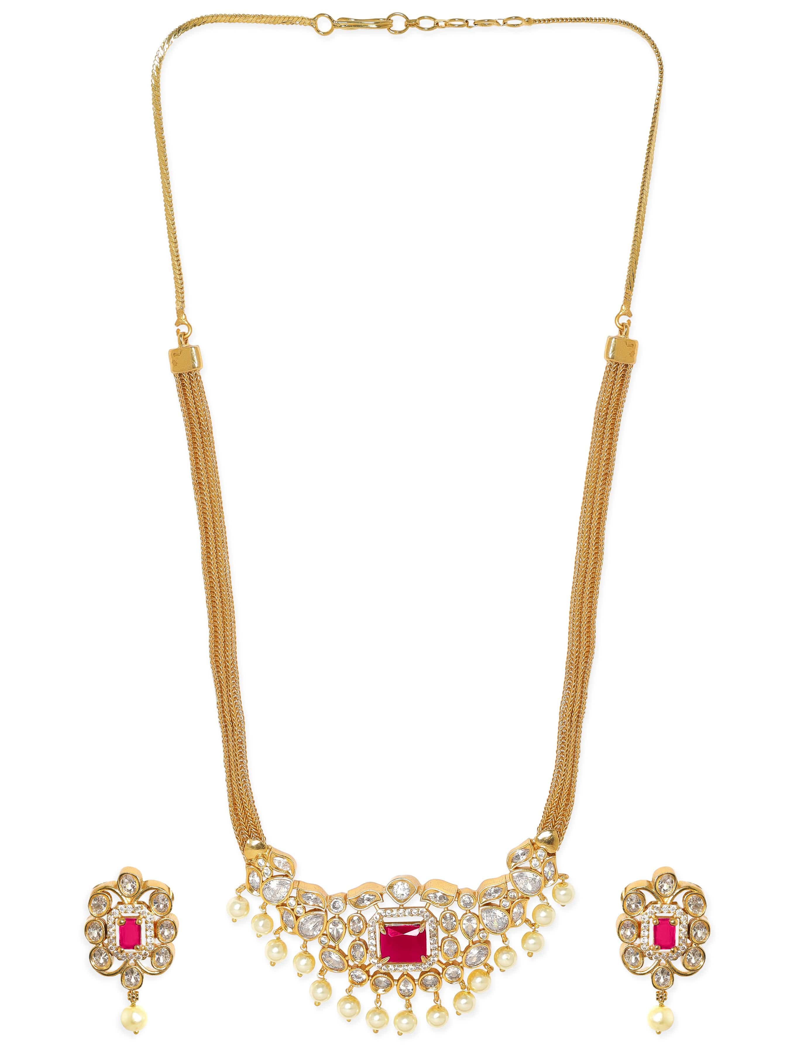 Pink Studded Pearl Drop Gold Necklace Set